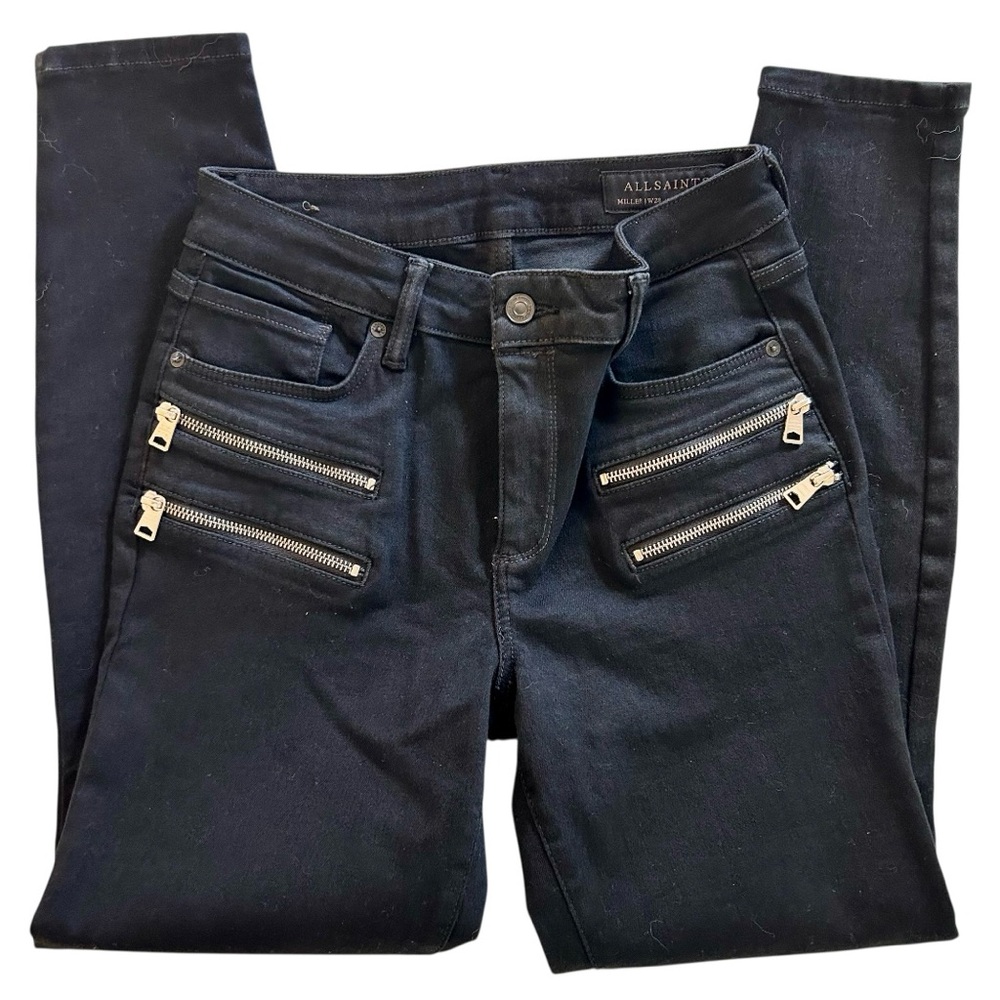 ALLSAINTS Miller Biker Moto Skinny Mid Rise Jeans Black Front Zip Detail Size 28